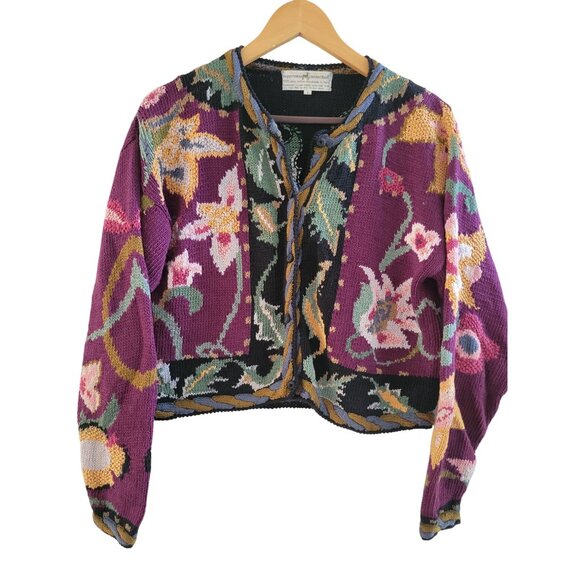 Peruvian Connection pink Black Cardigan sweater Hand knit pima Cotton size Small - Picture 1 of 6